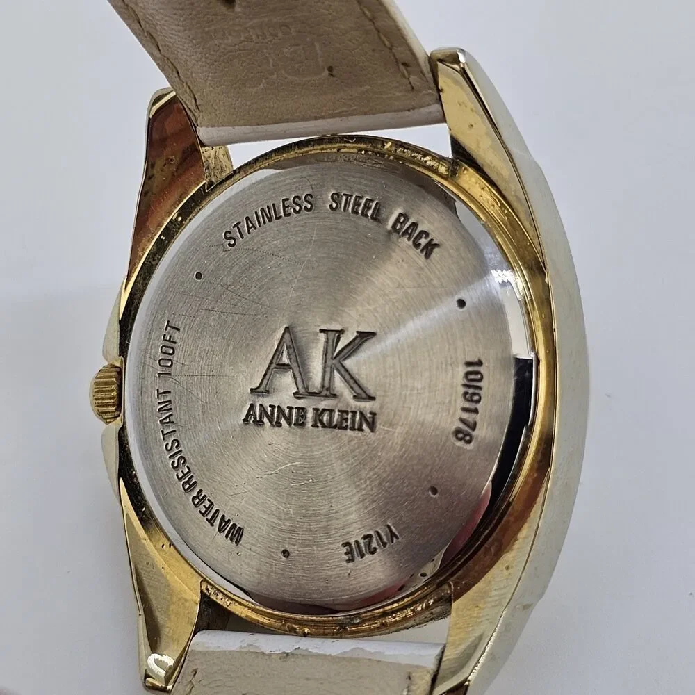 Anne Klein Women's Watch‎ 36MM White Dial White Leather Bands New Battery